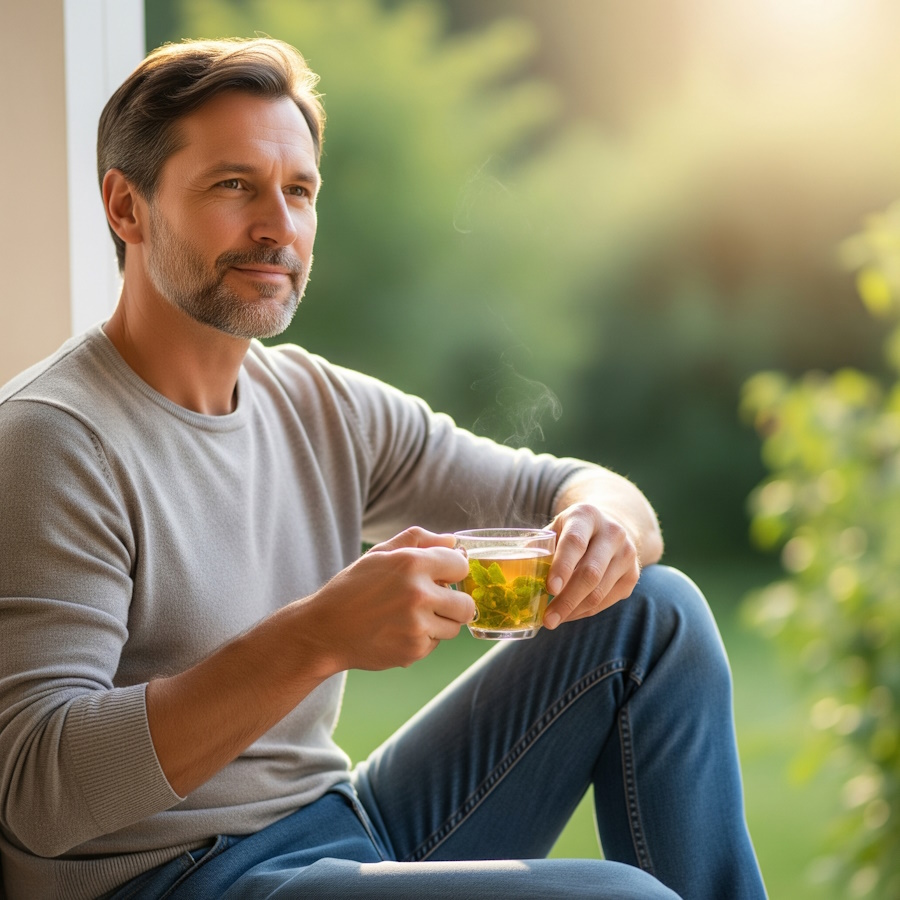 Un bărbat liniștit în grădină, savurând o ceașcă de ceai