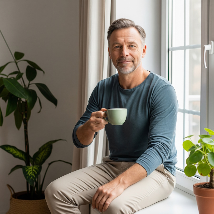 Un bărbat mulțumit că a scăpat de disconfort